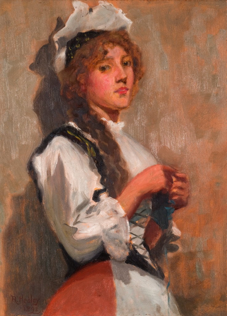 Detail of A Girl in Costume Knitting by Ralph Hedley