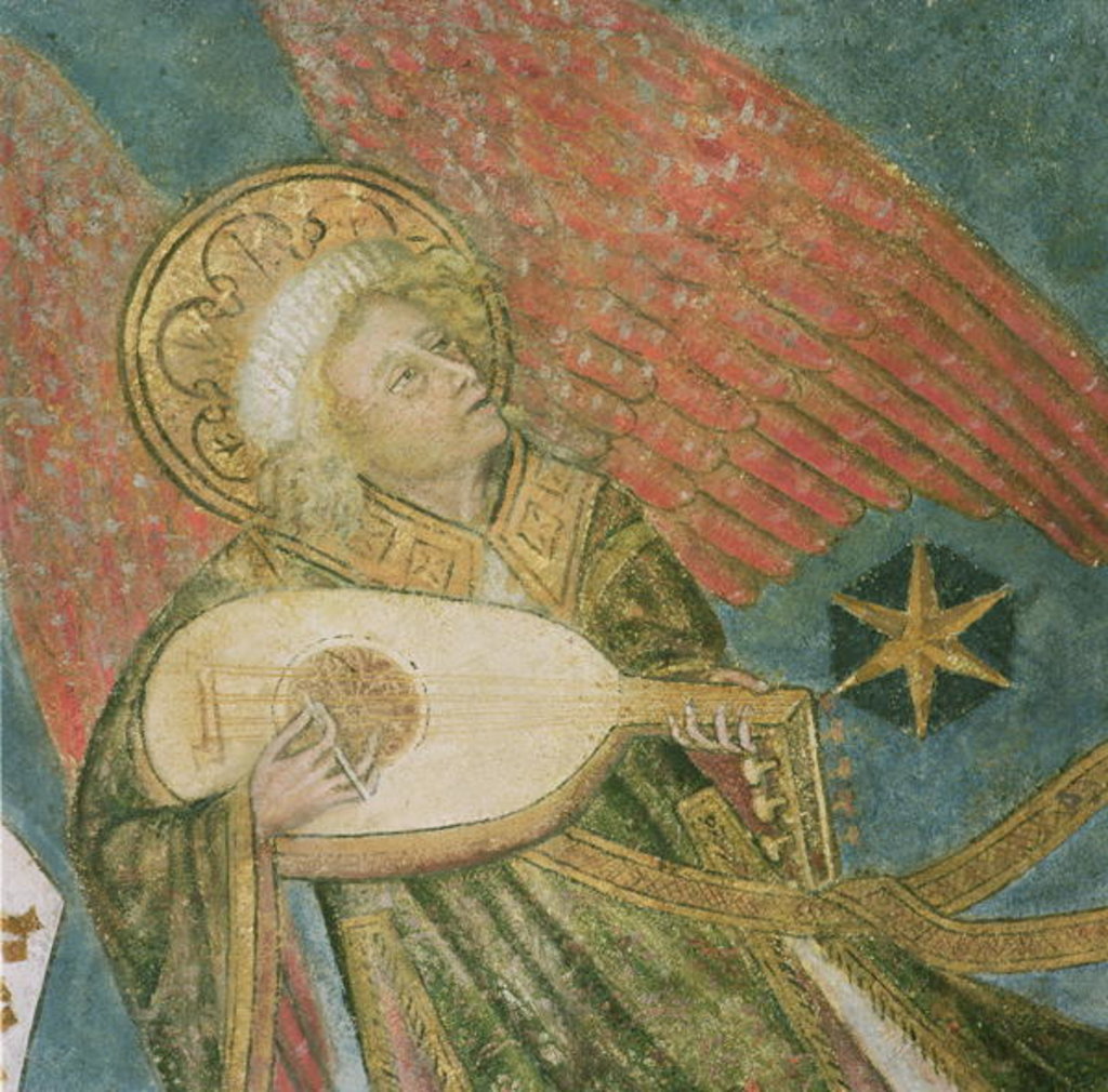 Detail of Angel musician playing a lute by French School