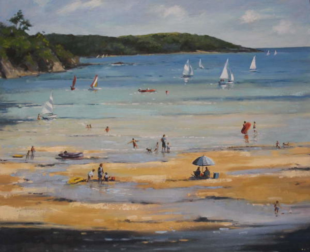 Detail of Salcombe North Sands, blue umbrella by Jennifer Wright