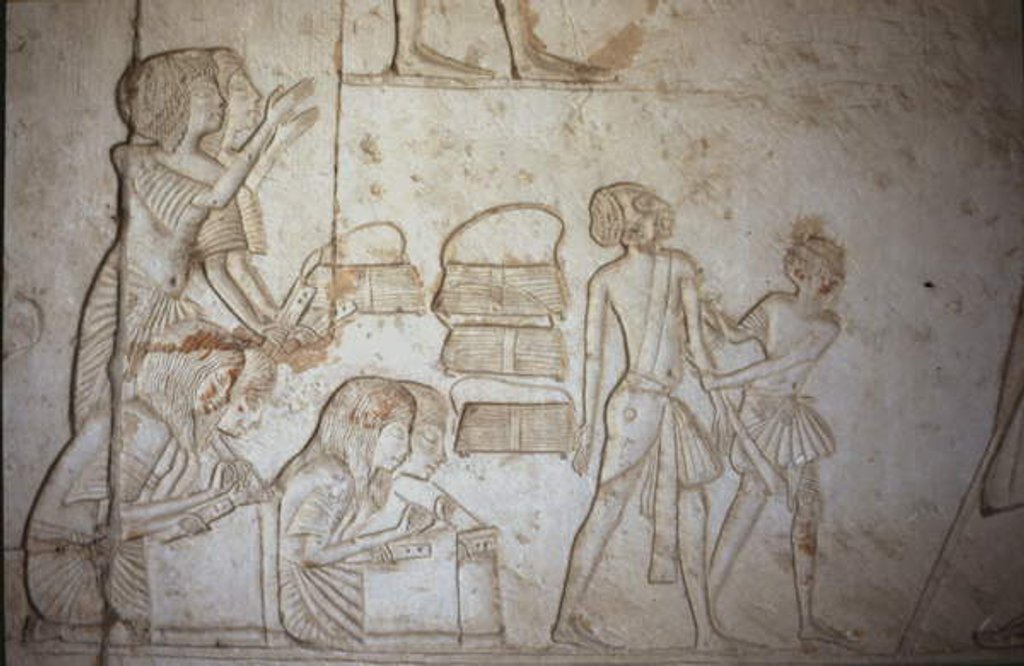 Detail of Relief depicting scribes at work by Egyptian 18th Dynasty