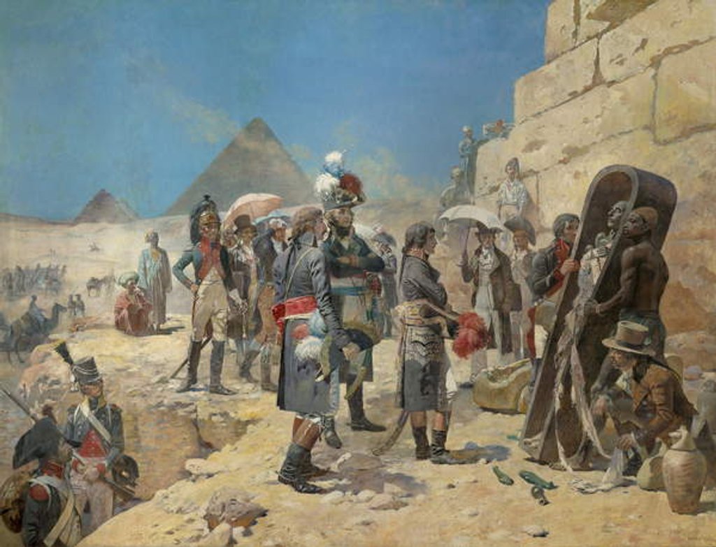 Detail of Napoleon Bonaparte in front of the pyramids contemplating the mummy of a king in the countryside of Egypt by Maurice Henri Orange