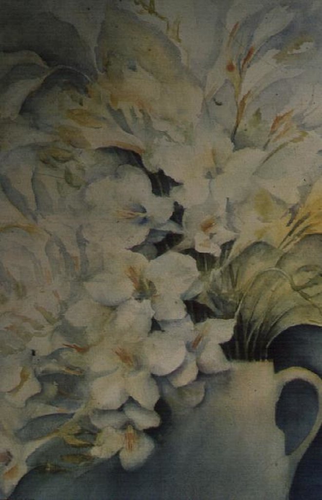 Detail of Freesia, Aurora and Ballerina in a White Jug by Karen Armitage