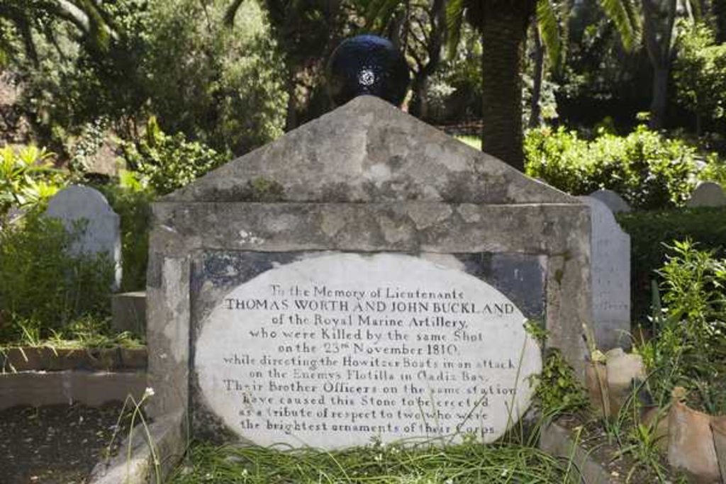 Detail of Gravestones in Trafalgar Cemetery of two men killed with same shot during action in Cadiz Bay, Gibraltar, Spain by Anonymous