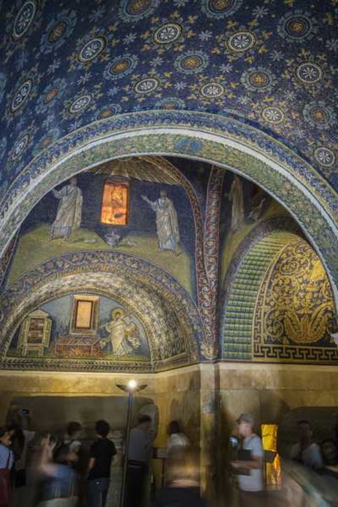 Detail of Interior of the 5th century mausoleum, Mausoleo di Galla Placidia: Mosaic of The Good Shepherd, Ravenna, Ravenna Province, Italy by Anonymous