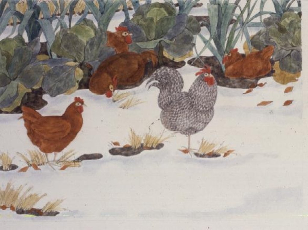 Detail of Hens in the Vegetable Patch by Linda Benton