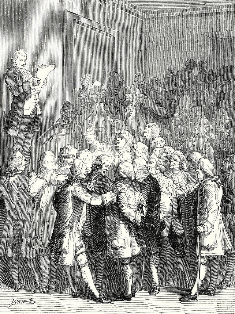 Detail of The Reading Out of Letters from Franklin to the 'Royal Society of London' is Greeted with Incredulity and Remarks of Irony by Anonymous