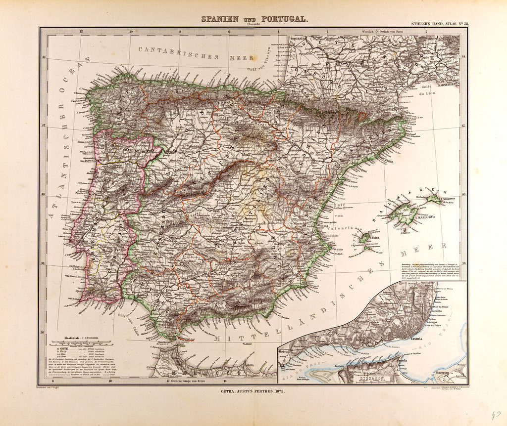 Detail of Spain and Portugal Map 1875 by Anonymous