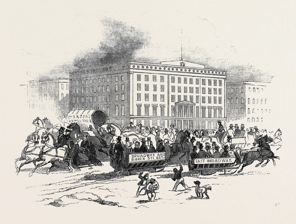 Detail of The Broadway, New York: Sleigh Riding after the Late Snow Storm by Anonymous