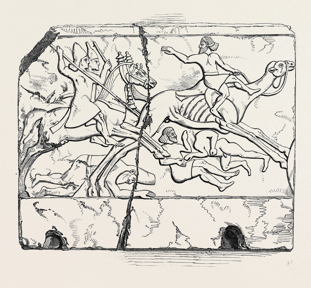 Detail of Flight of an Arab Mounted Upon a Camel; Nimroud Sculptures, Just Received at the British Museum by Anonymous