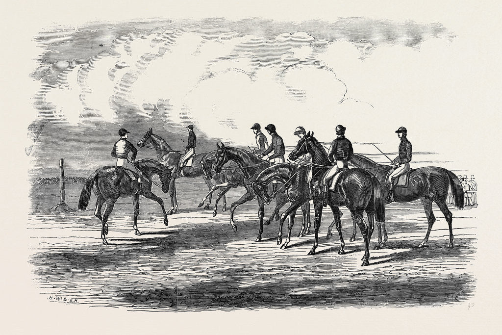 Detail of Epsom Spring Meeting, Sketch on the Downs, Preparing to Start for the Great Metropolitan Stakes, April 13, 1850 by Anonymous