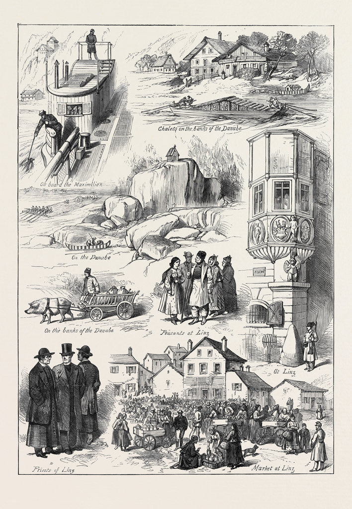 Detail of Sketches on the Road to Vienna: on Board the Maximilian Chalets on the Banks of the Danube on the Danube Peasants at Linz at Linz Priests of Linz Market at Linz 1873 by Anonymous