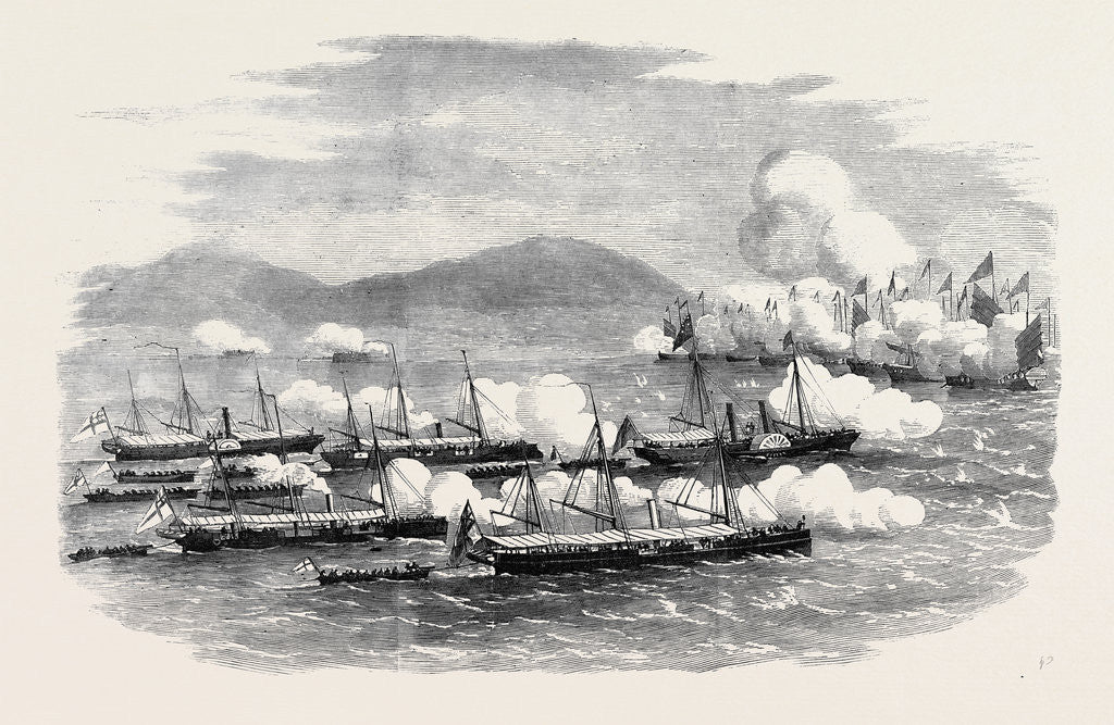 Detail of The War in China the Battle of Escape Creek: Commodore Elliot Leading Gun Boats to the Attack of Mandarin Junks in Escape Creek May 25 1857 by Anonymous