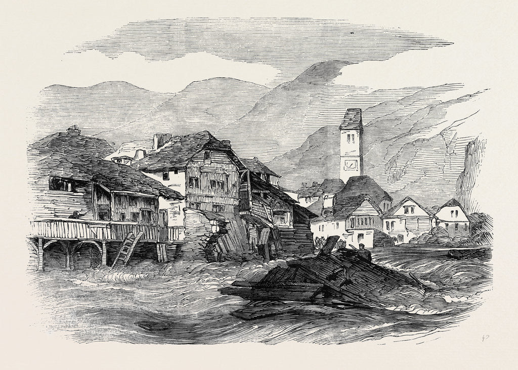 Detail of Inundation of the River Aar, at Unterseen, Switzerland, on August 1, Remains of Houses above the Bridge by Anonymous