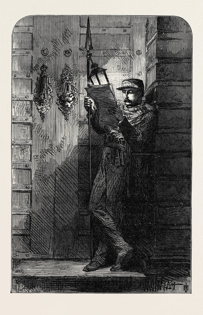 Detail of The Revolution in Spain: Sentinel Reading the News at Midnight 1869 by Anonymous