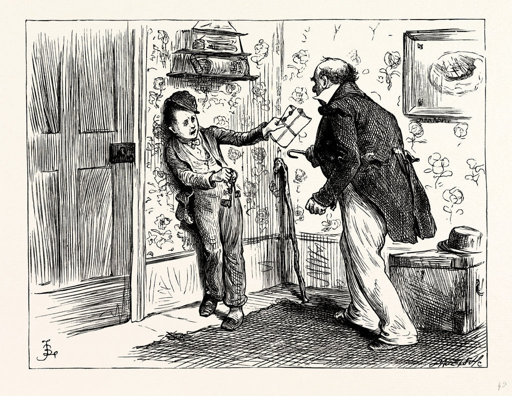 Detail of Charles Dickens Dombey and Son. the Captain's Voice Was So Tremendous and He Came Out of His Corner with Such Way on Him that Rob Retreated Before Him Into Another Corner: Holding Our the Keys and Pace Et to Prevent Himself from Being Run Down. by Anonymous