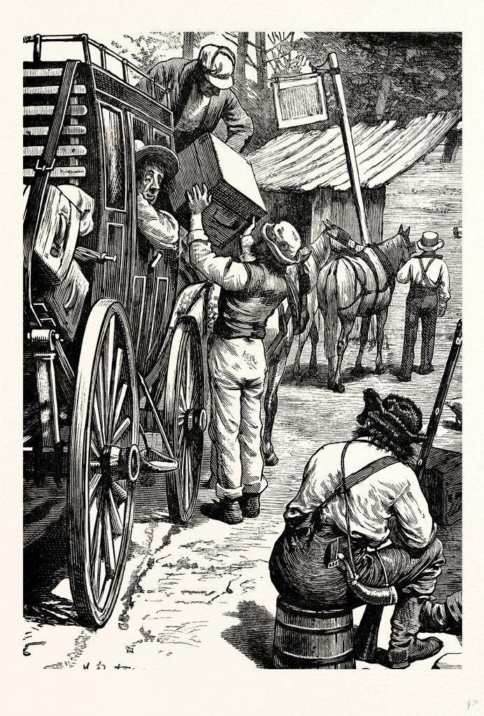 Detail of Charles Dickens American Notes 1842 As the Coach Stops a Gentleman in a Straw Hat Looks Out of the Window by Anonymous