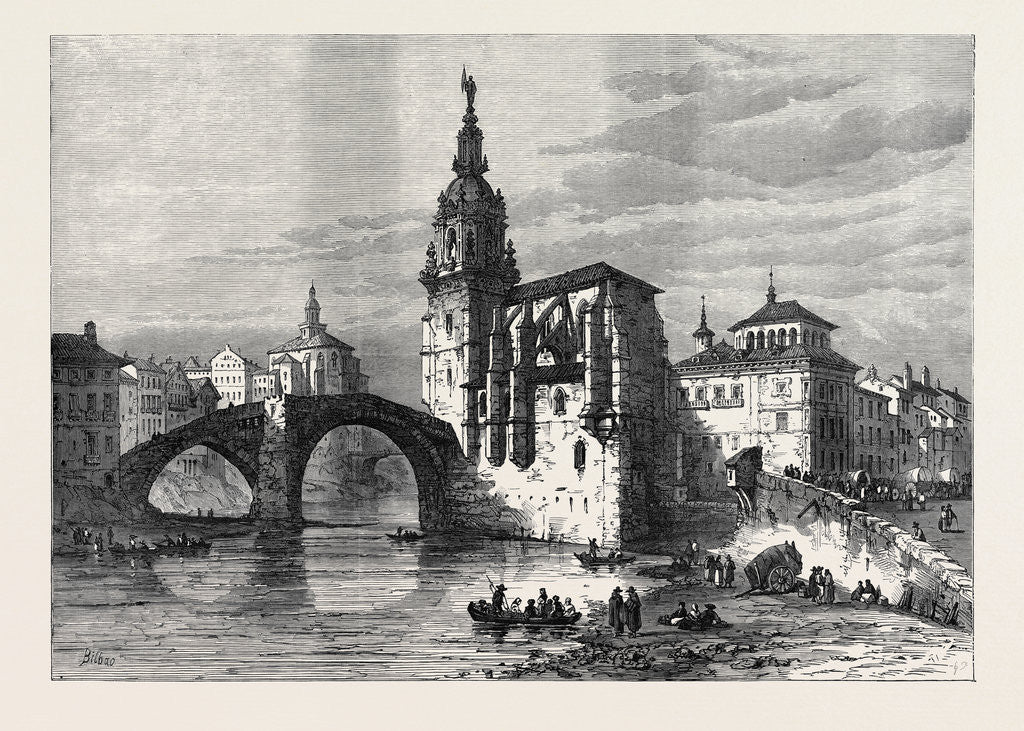 Detail of The Civil War in Spain: View in Bilbao the Church and Bridge of St. Antonio 1874 by Anonymous