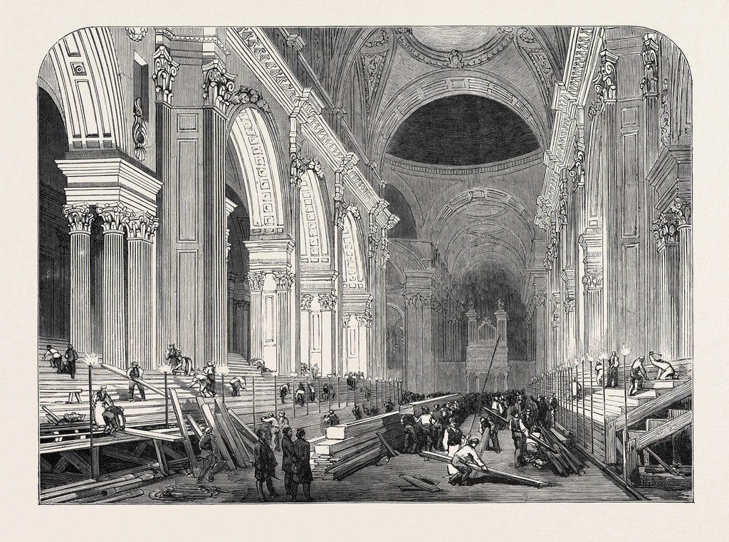Detail of Preparation in St. Paul's Cathedral, for the Funeral of the Duke: The Nave, by Gaslight, 1852 by Anonymous