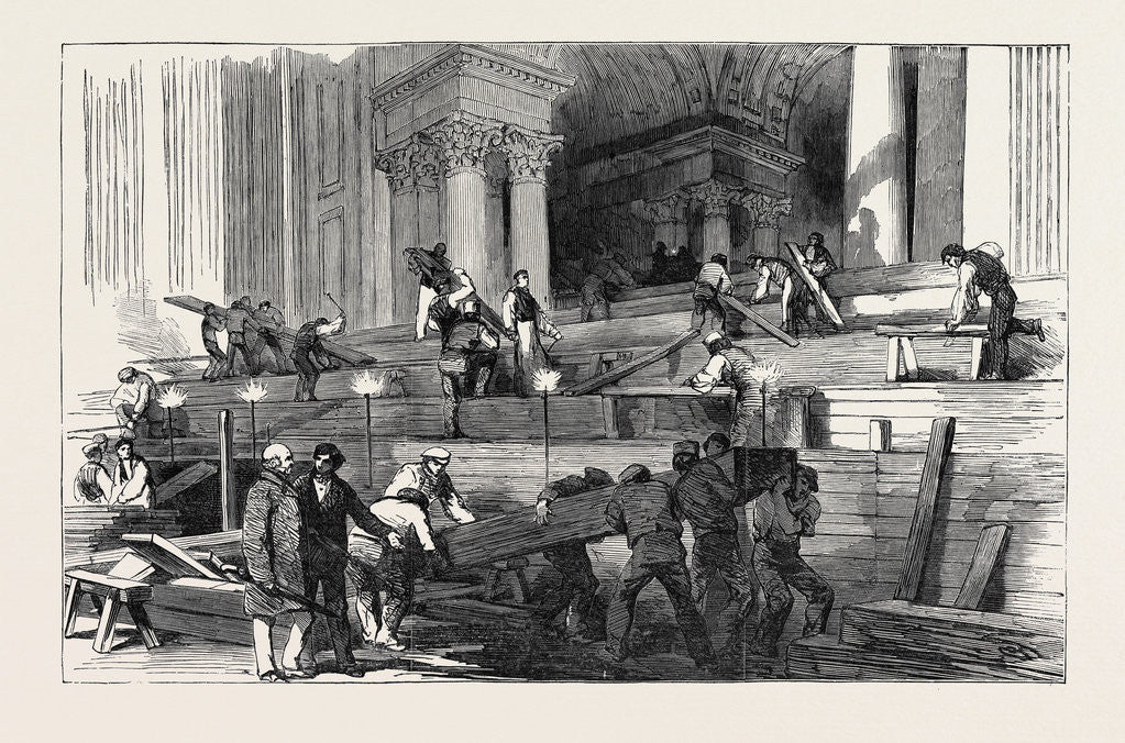 Detail of Preparation in St. Paul's Cathedral, for the Funeral of the Duke: Side Aisle, by Gaslight, 1852 by Anonymous