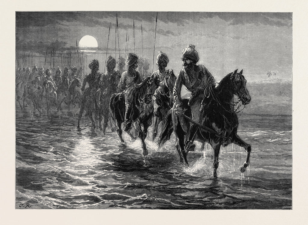 Detail of The Afghan War: A Raid against the Momunds. The 11th Bengal Lancers Crossing the Kunar River 1879 by Anonymous