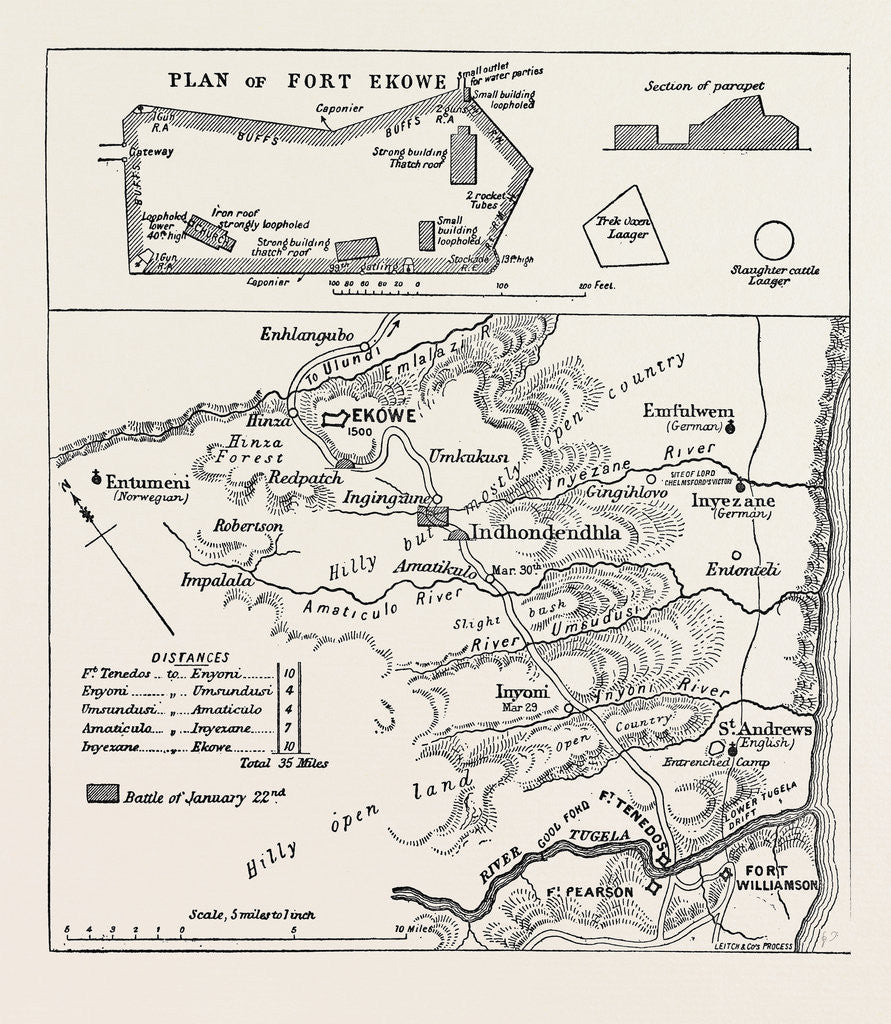 Detail of Map of Lord Chelmsford's Route to the Relief of Ekowe and Plan of the Fort 1879 by Anonymous