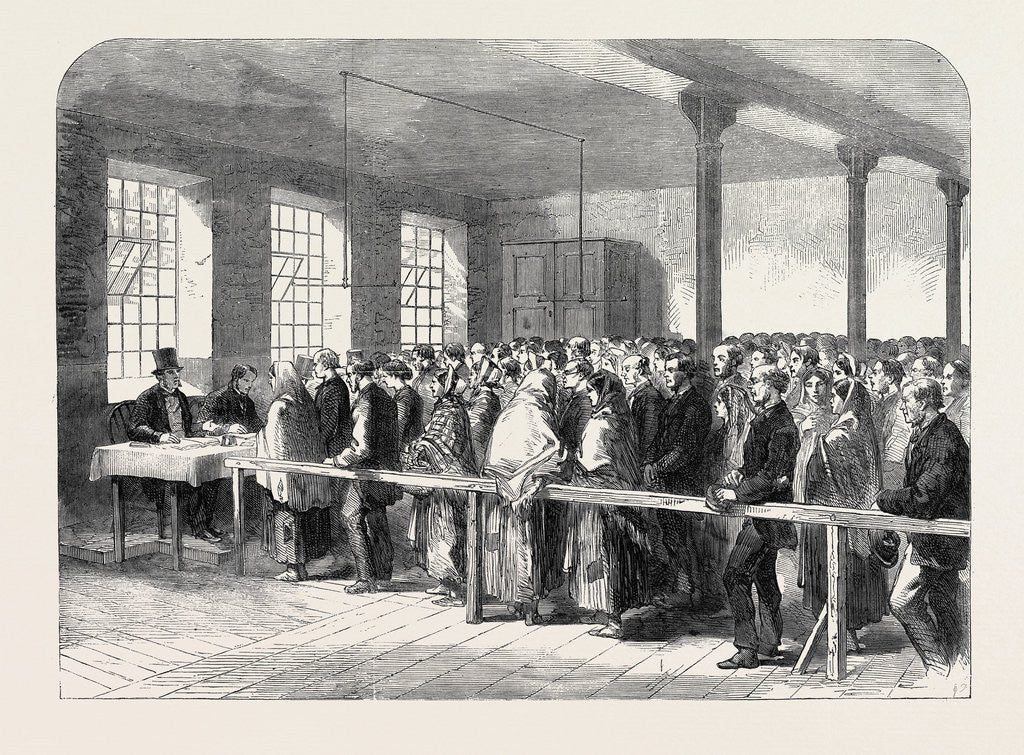 Detail of The Cotton Famine: Distributing Tickets for Bread Soup Meat Meal Coal Etc. At the Office of a District Provident Society Manchester 1862 by Anonymous
