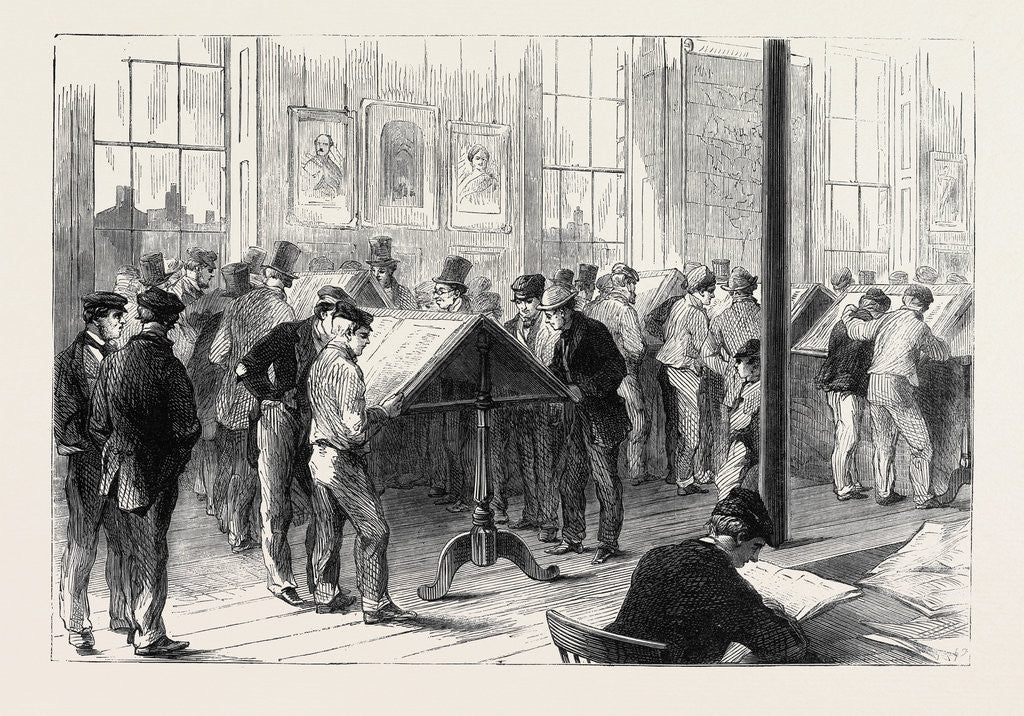 Detail of The Cotton Famine: Operatives Reading the Latest News from America a Scene in Campfield Free Library Manchester 1862 by Anonymous