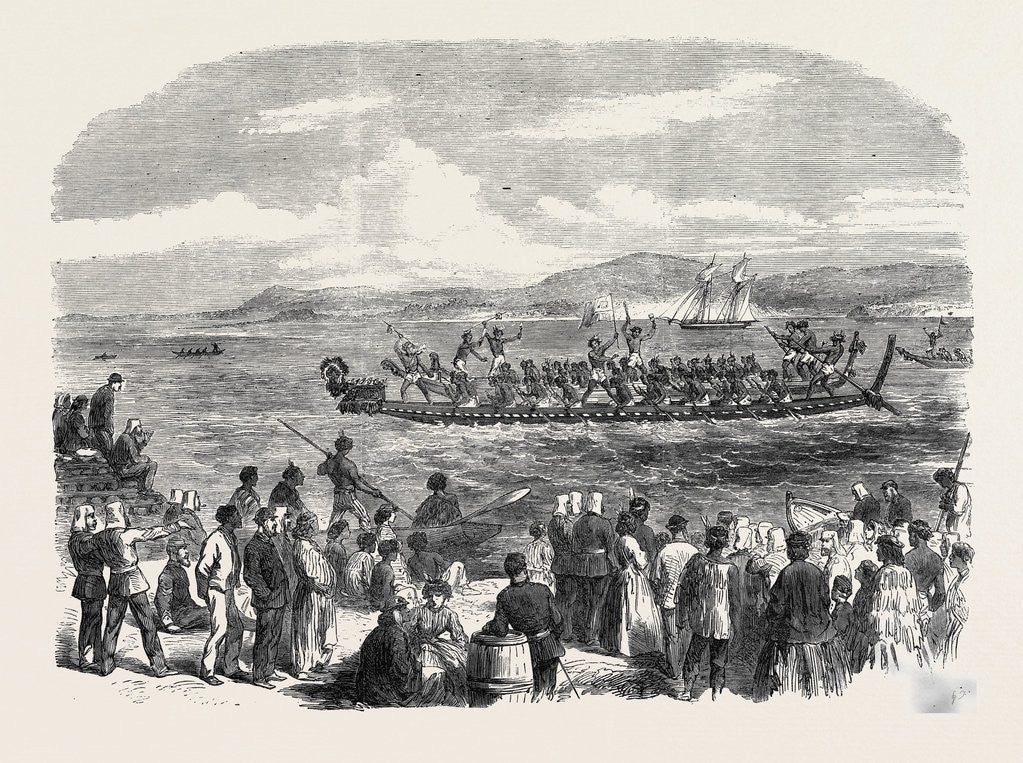 Detail of Native Games at Te Papa Camp Tauranga New Zealand: War Canoes Competing for Prizes 1866 by Anonymous