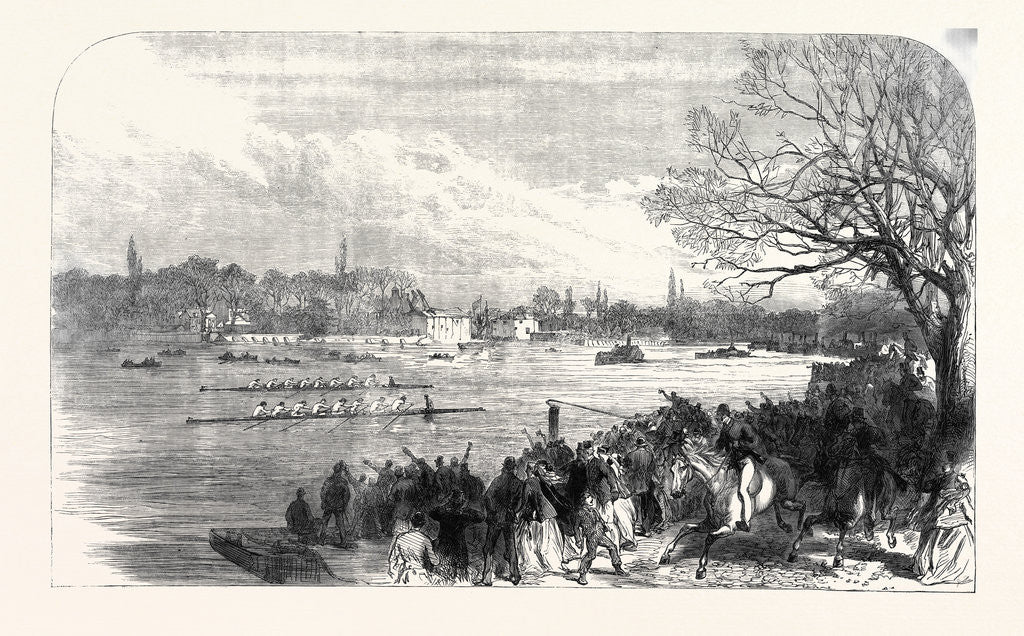 Detail of The Oxford and Cambridge University Boat Race: Passing the Crab Tree UK 1866 by Anonymous
