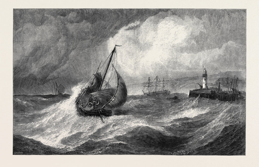 Detail of Freshening Gale Scarborough Fishing Boats Returning to Harbour, from the Royal Academy Exhibition 1871 by Anonymous