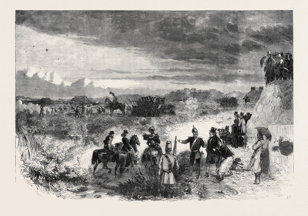 Detail of The Review on Saturday Last at Wimbledon Common: Skirmishers Forming Squares to Resist Cavalry the National Rifle Association Meeting on Wimbledon Common July 20 1861 by Anonymous