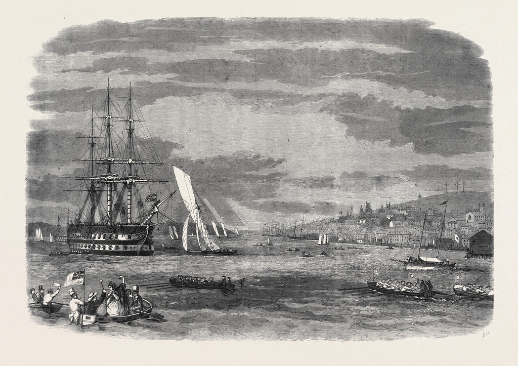 Detail of Regatta in Halifax Harbour Nova Scotia Sailing Match for the Prince of Wales' Cup: The Winning Yacht Wave Crossing the Bows of the St. George by Anonymous