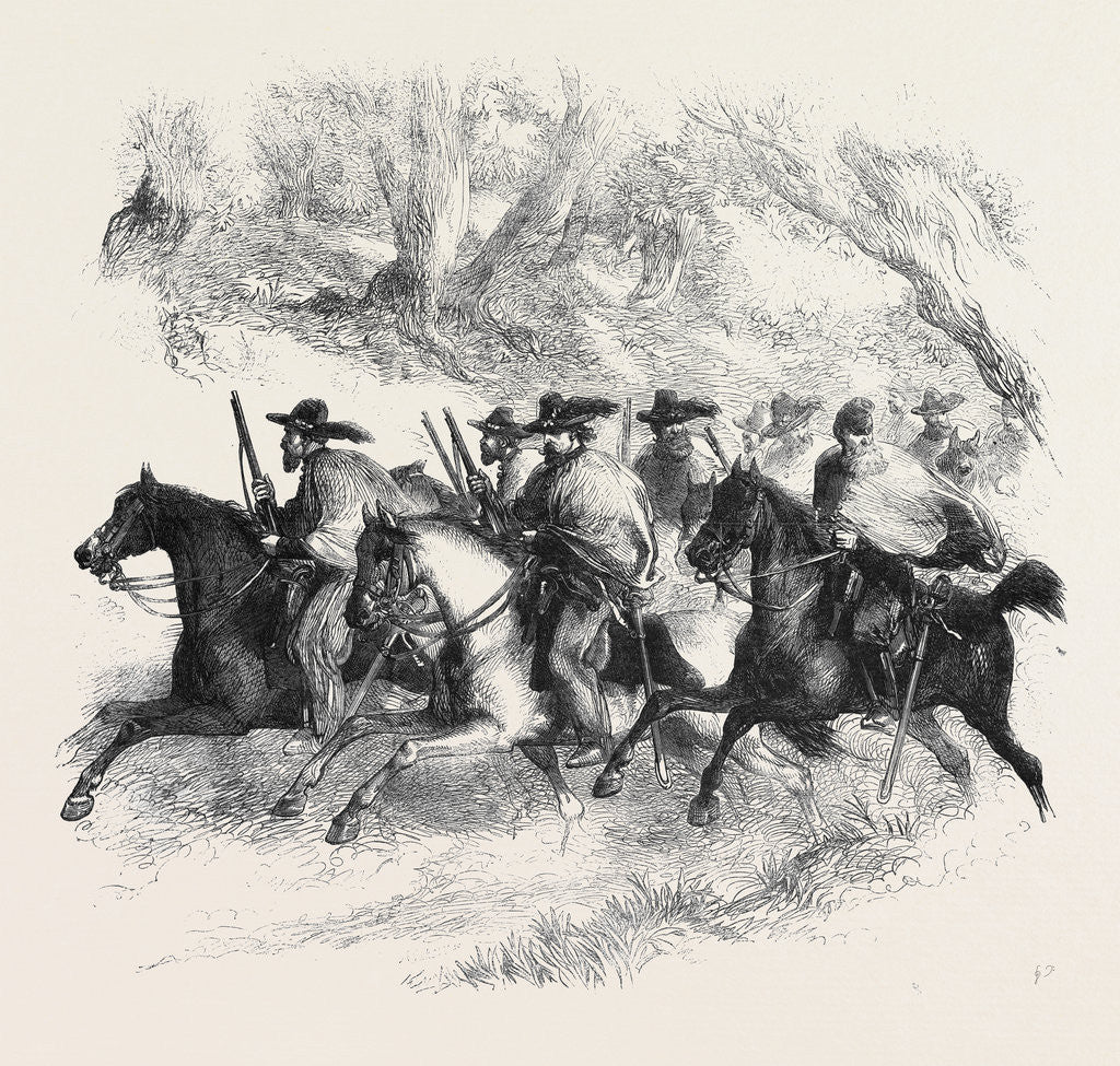 Detail of The War in America: Texan Rangers (Federalists) Reconnoitring Between Alexandria and Fairfax Virginia by Anonymous