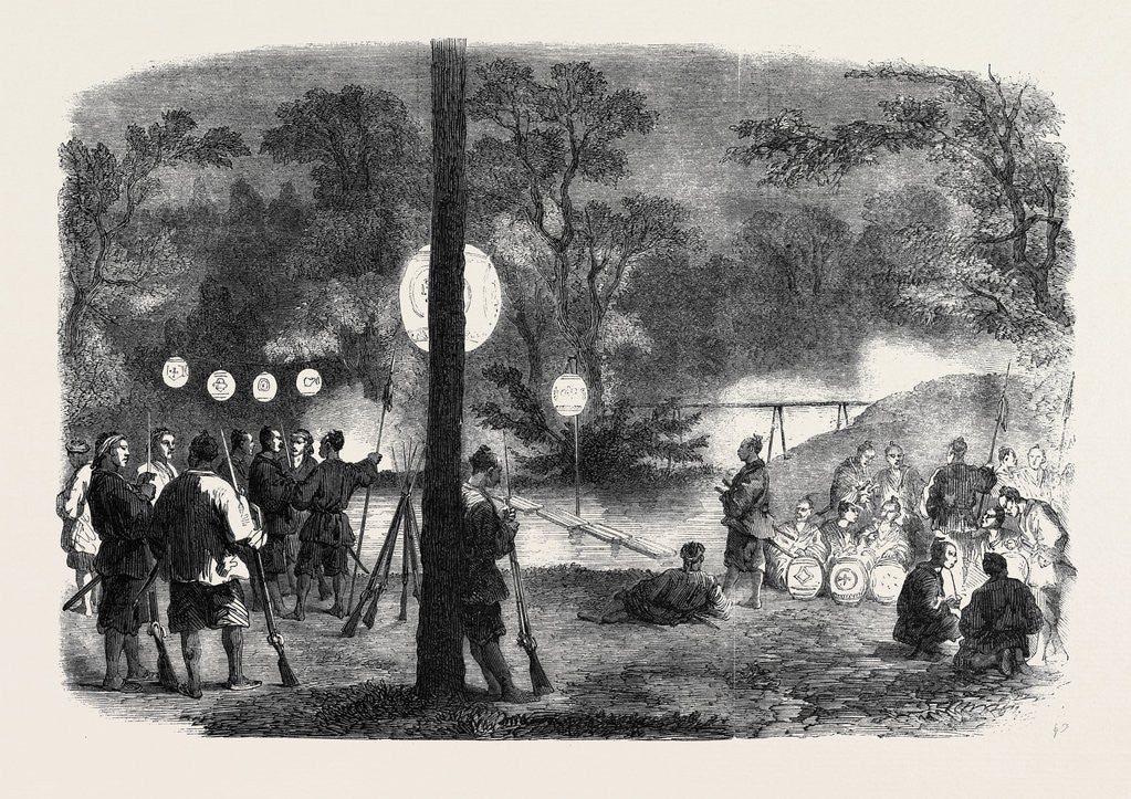 Detail of The Outrage on the British Embassy at Jeddo Japan: Night Bivouac of the Yacunins in the Garden of the Legation Jeddo by Anonymous