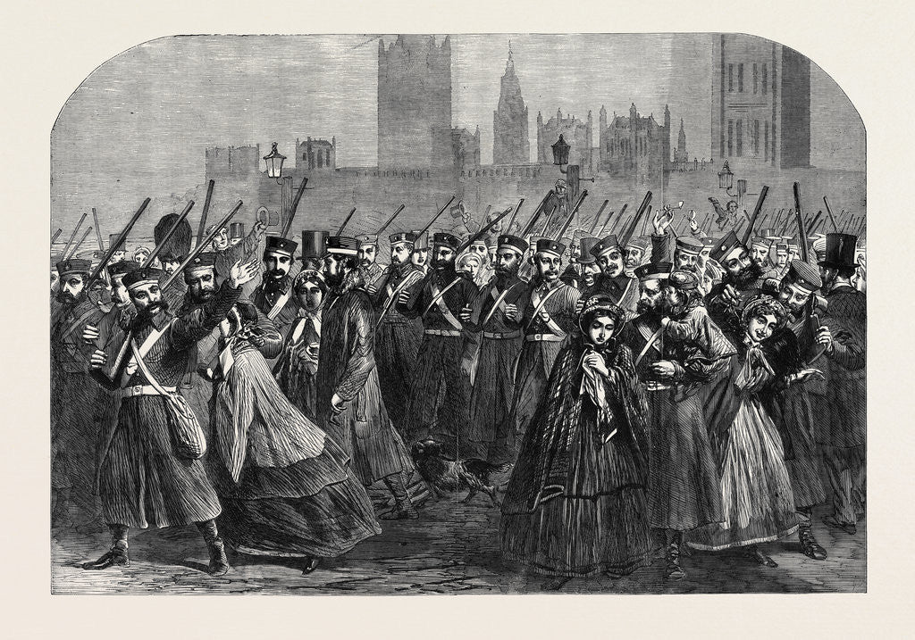 Detail of Reinforcements for Canada: The Guards Crossing Westminster Bridge on Their Way to the South Western Railway Station December 28 1861 by Anonymous