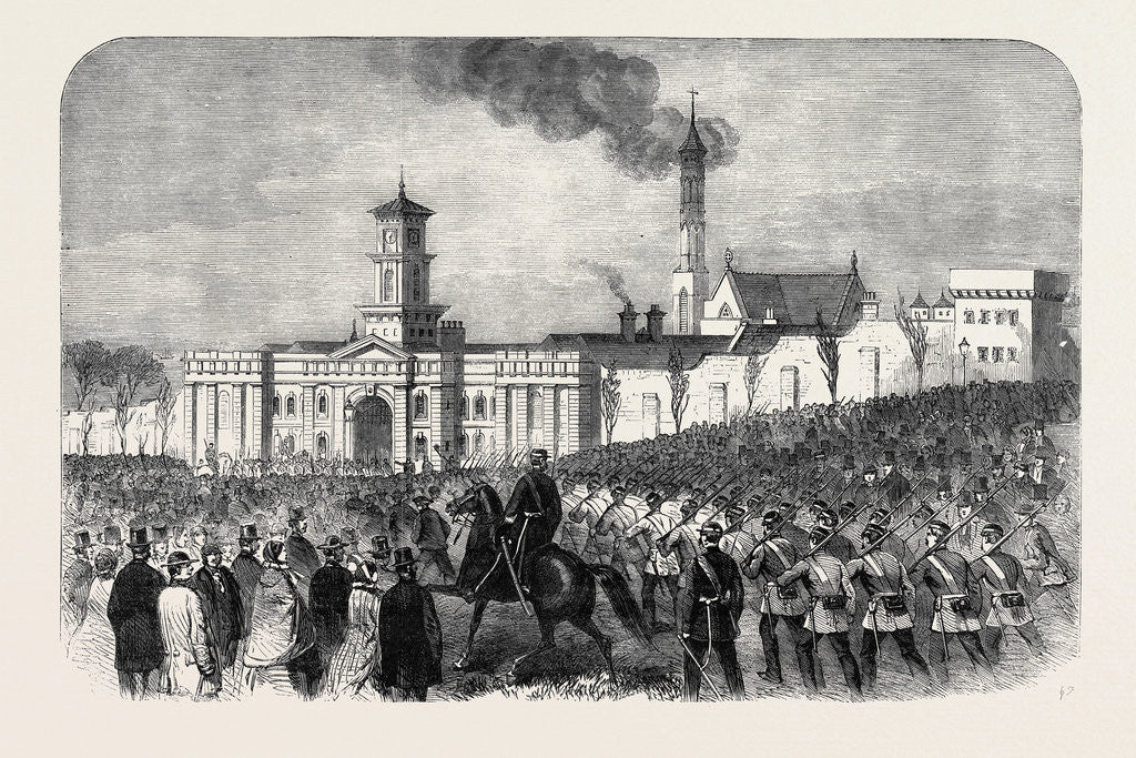 Detail of The Outbreak Among the Convicts at Chatham: St. Mary's Convict Prison: Arrival of the Military 1861 by Anonymous