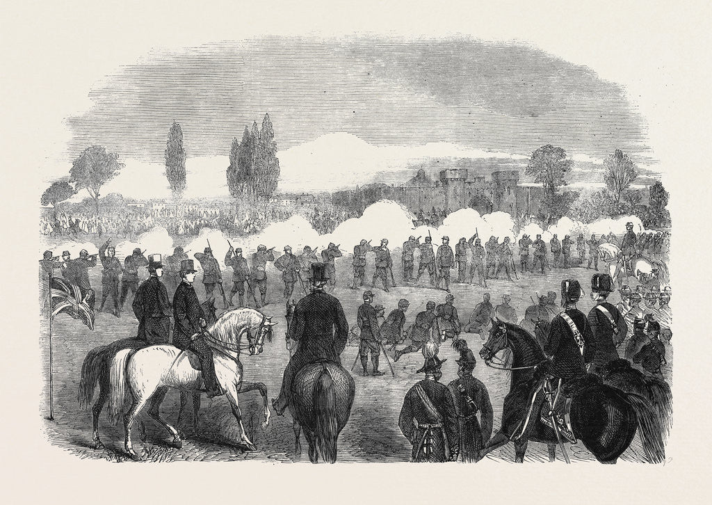 Detail of The Volunteer Movement: Review of the Cambridge University Volunteers and the Inns of Court Corps at Cambridge by Colonel M'Murdo in the Presence of the Prince of Wales 1861 by Anonymous