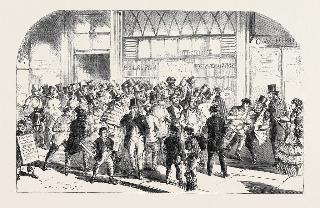 Detail of The Derby Day: Announcement of the Winner at Bell's Life Office by Anonymous