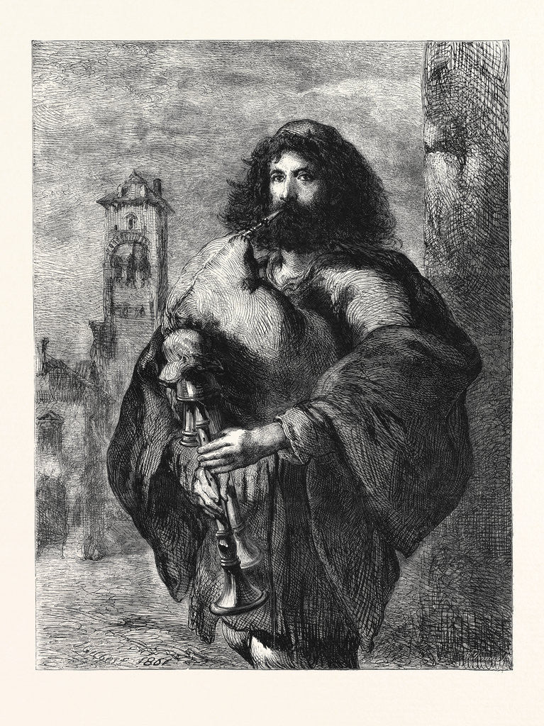 Detail of A Roman Bagpiper, in the Exhibition of the Water Colour Society 1861 by Anonymous
