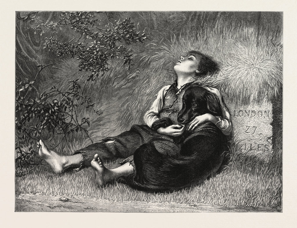 Detail of His Only Friend; a Boy and a Dog Asleep Next to a Milestone which Reads London 27 Miles by Anonymous