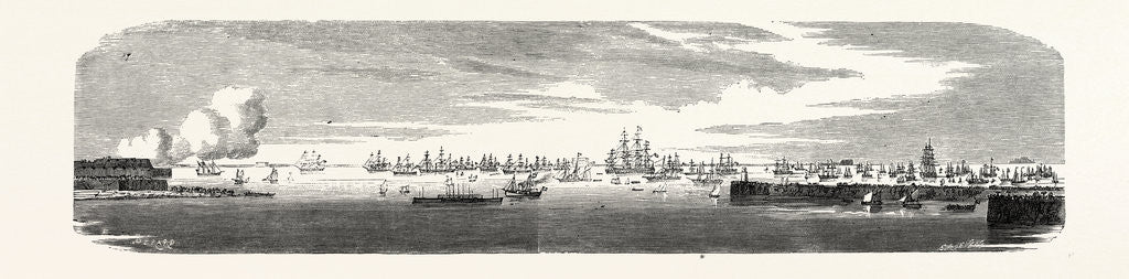 Detail of The French and British Fleets at Cherbourg, France: View of the Roadstead after the Arrival of the English Squadron, 1865 by Anonymous