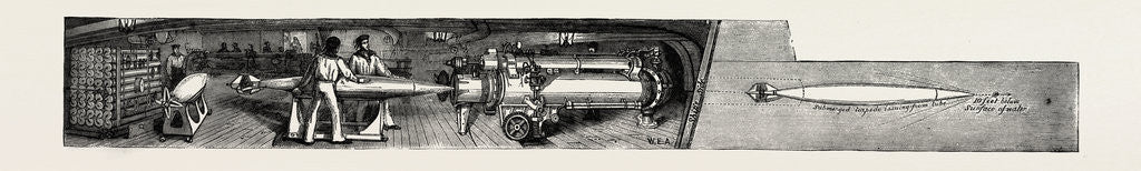 Detail of The New War Ship of the British Navy, H.M.S. Inflexible: The Torpedo Room: Placing a Whitehead in the Pneumatic Tube (9 Feet Under Water) for Launching, 1882 by Anonymous