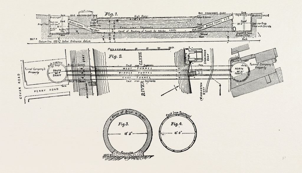 Detail of Technical Drawing of the Tunnel Under the River Clyde at Glasgow, UK, 1890 by Anonymous