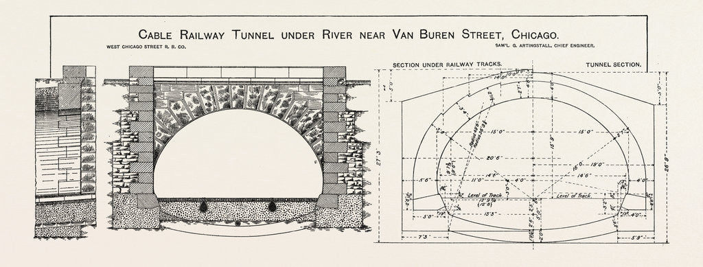 Detail of Cable Railway Tunnel Under River Near Van Buren Street, Chicago, 1890: Elevation of Tunnel Portal, and Section Showing Dimensions by Anonymous