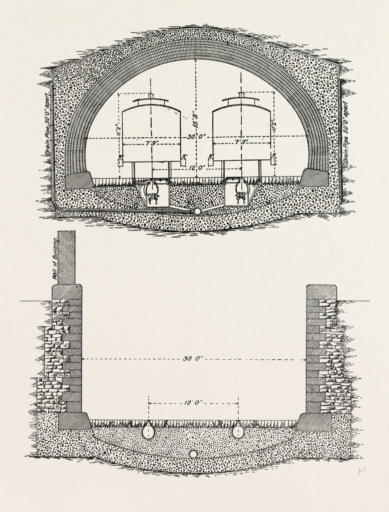 Detail of Cable Railway Tunnel Under River Near Van Buren Street, Chicago, 1890: Ordinary Section, and Section of Open Approach by Anonymous