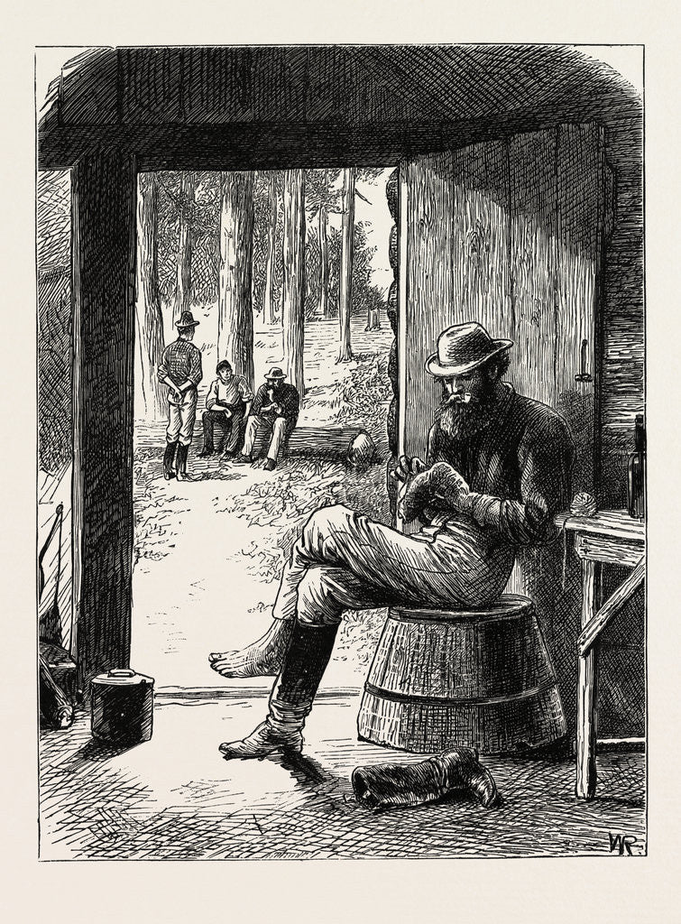 Detail of Mending One's Own Stocking, Gold in Canada, Emigrant Life by Anonymous