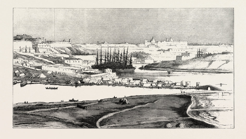 Detail of Our Indian Contingent at Malta: Valetta Indian Encampment, and Transport Vessels in the Quarantine Harbour by Anonymous