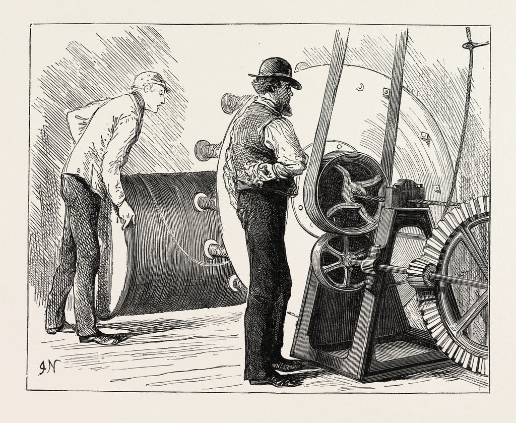 Detail of Manufacturing an Electric Telegraph Cable: Coating the Electric Core with Jute, 1873 by Anonymous