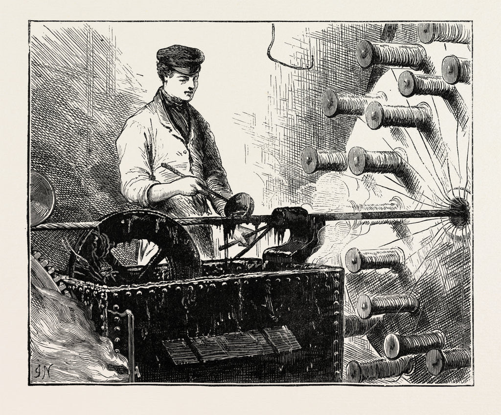 Detail of Manufacturing an Electric Telegraph Cable: Covering the Cable with Jute and Tar, 1873 by Anonymous