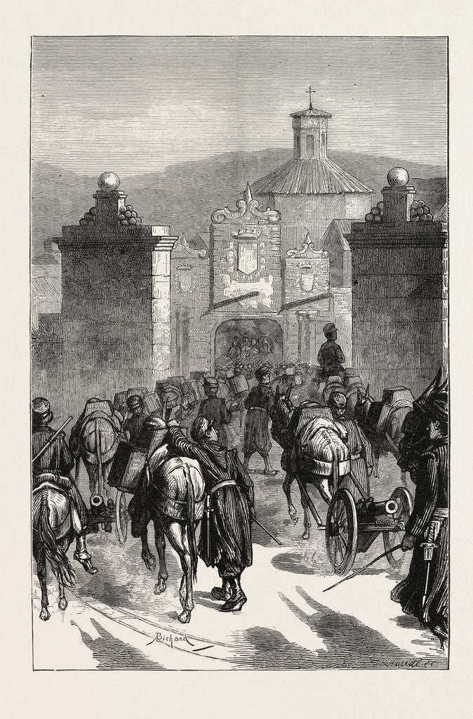 Detail of The Carlist Revolt in Spain: Mountain Artillery Re-Entering Pampeluna by the St. Nicholas Gate after an Expedition against the Carlists, 1873 by Anonymous